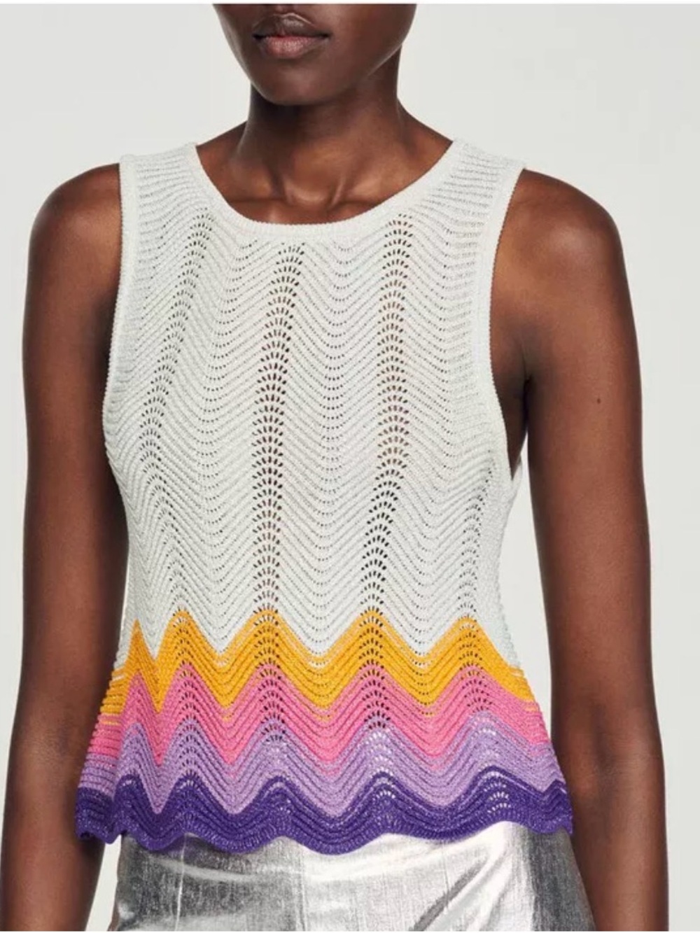 Sandro White Crochet Tank with Yellow Pink Purple Wave Hem